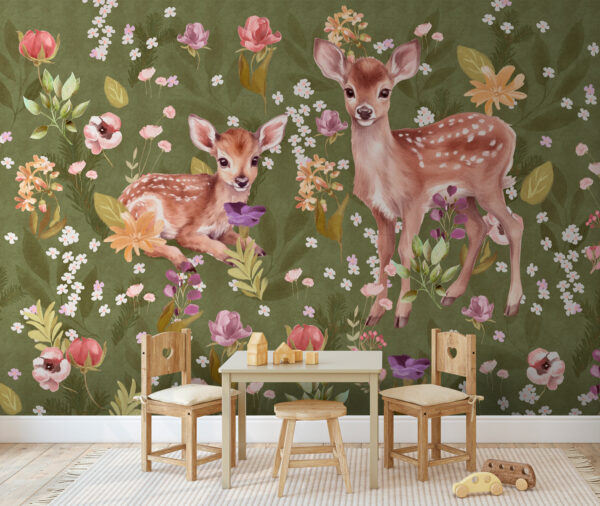 Pittura di un cervo con fiori Carta da parati Pittura di un cervo con fiori