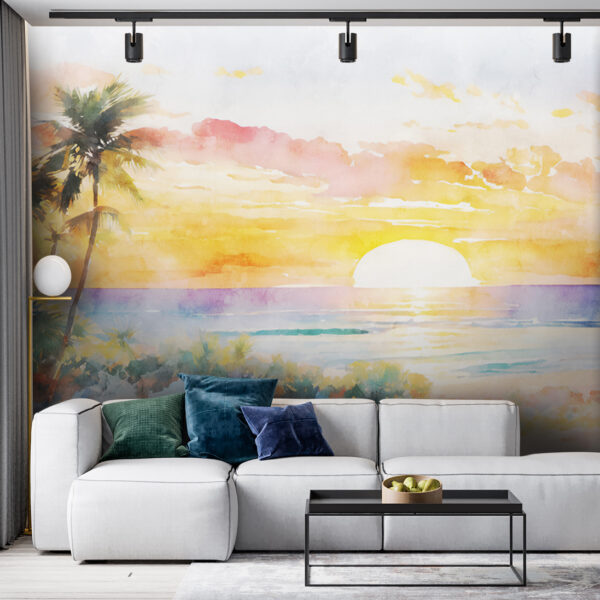 Pittura ad acquerello di una spiaggia con palme e tramonto Carta da parati Pittura ad acquerello di una spiaggia con palme e tramonto
