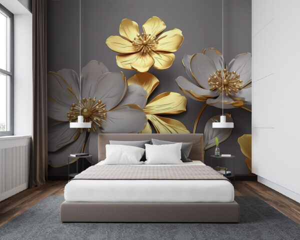 Eleganti fioriture metalliche rappresentate artisticamente Carta da parati Eleganti fioriture metalliche rappresentate artisticamente