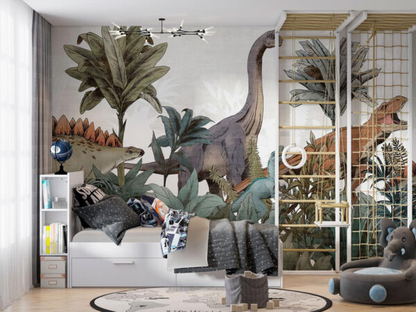 Dinosauri che si aggirano tra il fogliame lussureggiante Carta da parati Dinosauri che si aggirano tra il fogliame lussureggiante