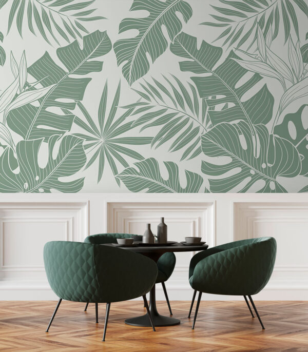 Motivo di foglie tropicali, tonalità verde tenue Carta da parati Motivo di foglie tropicali, tonalità verde tenue