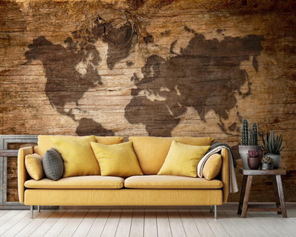 Mappa del mondo su un pezzo di legno Carta da parati Mappa del mondo su un pezzo di legno