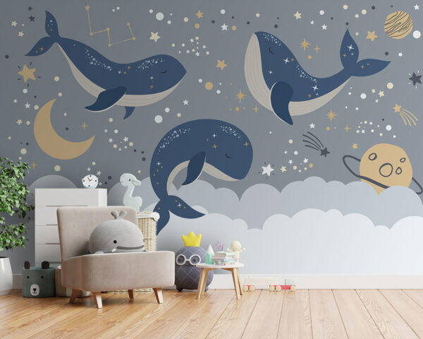 Balena blu con coda bianca e stelle Carta da parati Balena blu con coda bianca e stelle