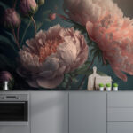 Carta da parati Peonie in fiore sotto una luce delicata.