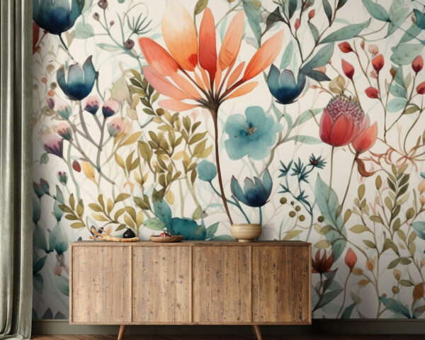 Illustrazione botanica con fioriture vivaci Carta da parati Illustrazione botanica con fioriture vivaci