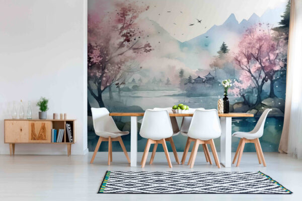 Pittura di un albero con fiori rosa Carta da parati Pittura di un albero con fiori rosa