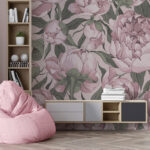 Carta da parati Motivo floreale vintage di peonie rosa.