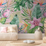Carta da parati Motivo di foglie e fiori tropicali
