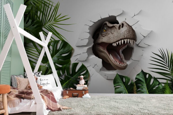 Il dinosauro emerge dalla parete spaccata Carta da parati Il dinosauro emerge dalla parete spaccata