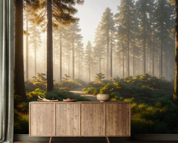 Sentiero forestale illuminato dal sole tra gli alberi Carta da parati Sentiero forestale illuminato dal sole tra gli alberi