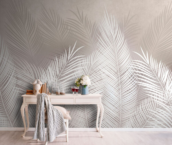 Elegante motivo di foglie di palma bianche Carta da parati Elegante motivo di foglie di palma bianche