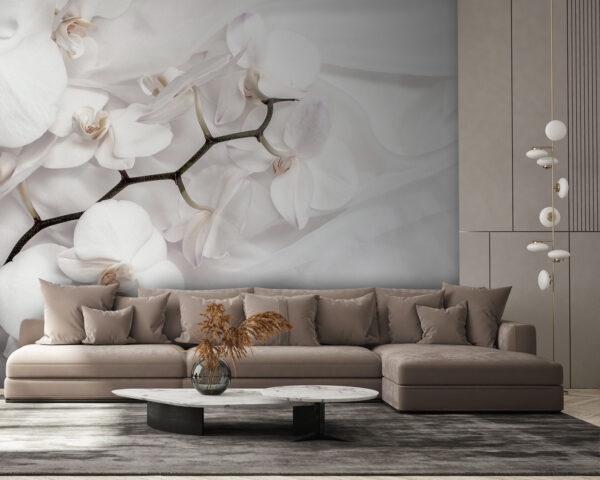 Orchidee bianche su tessuto bianco Carta da parati Orchidee bianche su tessuto bianco