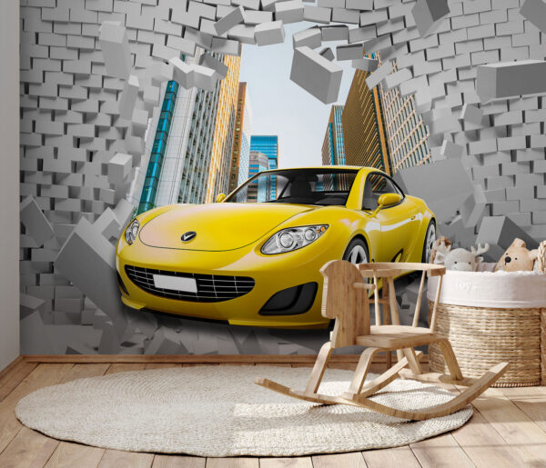 L'auto sportiva sfonda un muro di mattoni Carta da parati L'auto sportiva sfonda un muro di mattoni