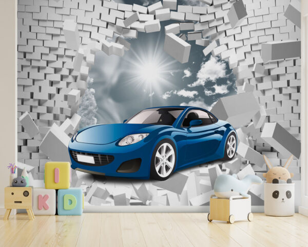 L'auto blu sfonda il muro di mattoni Carta da parati L'auto blu sfonda il muro di mattoni
