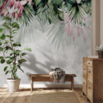 Carta da parati Disegno di foglie e fiori tropicali.