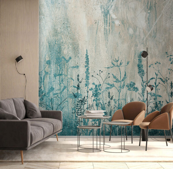 Sagome blu di fiori selvatici su tela Carta da parati Sagome blu di fiori selvatici su tela