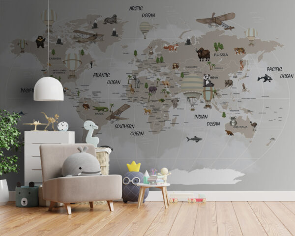 Mappa del mondo con animali Carta da parati Mappa del mondo con animali