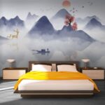 Carta da parati Pittura di una barca su una montagna con alberi e montagne sullo sfondo