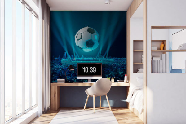 Pallone da calcio galleggiante su città illuminata Carta da parati Pallone da calcio galleggiante su città illuminata