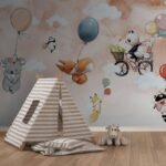 Carta da parati Animali dei cartoni animati che volano con i palloncini