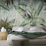 Carta da parati Fogliame tropicale con fiore viola.