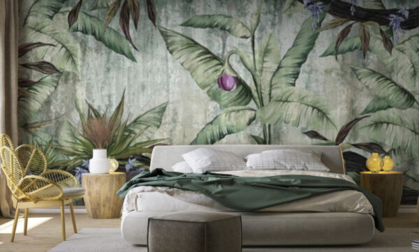 Fogliame tropicale con fiore viola Carta da parati Fogliame tropicale con fiore viola