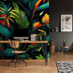 Carta da parati Foglie e fiori tropicali vibranti.
