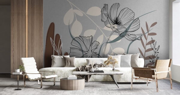 Disegno di fiori e foglie Carta da parati Disegno di fiori e foglie