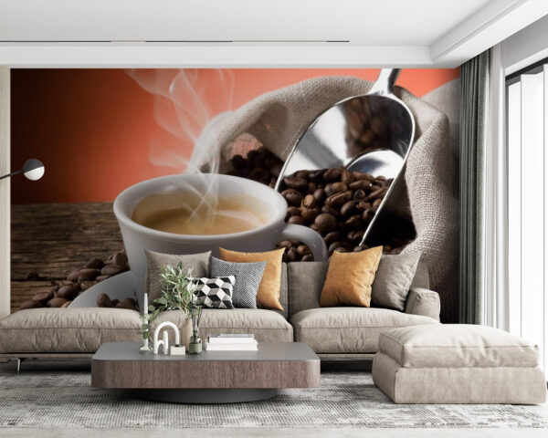 Tazza di caffè con vapore e chicchi di caffè Carta da parati Tazza di caffè con vapore e chicchi di caffè