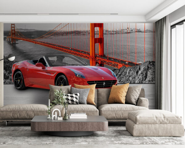 Auto sportiva rossa su una strada con un ponte sullo sfondo Carta da parati Auto sportiva rossa su una strada con un ponte sullo sfondo