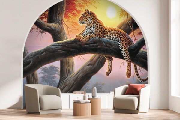 Leopardo che si sdraia su un albero al tramonto Carta da parati Leopardo che si sdraia su un albero al tramonto