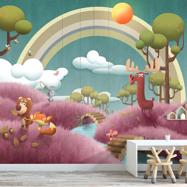 Scena di cartone animato con animali e un fiume Carta da parati Scena di cartone animato con animali e un fiume