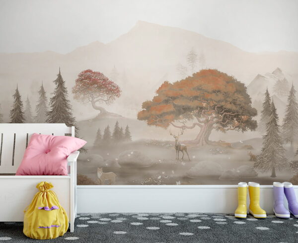 Pittura di una foresta con alberi e montagne Carta da parati Pittura di una foresta con alberi e montagne