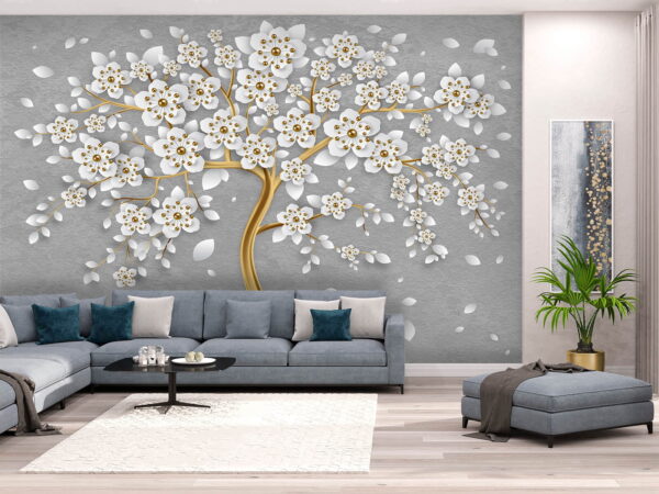 Albero con fiori e foglie bianche Carta da parati Albero con fiori e foglie bianche