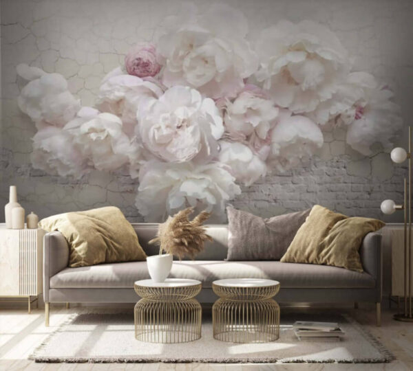 Peonie bianche su muro screpolato Carta da parati Peonie bianche su muro screpolato