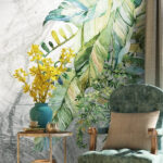 Carta da parati Pittura di foglie su una superficie marmorizzata