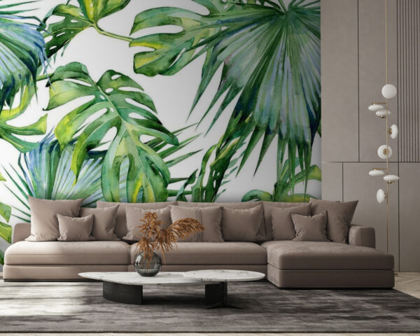 Foglie tropicali in un disegno ad acquerello Carta da parati Foglie tropicali in un disegno ad acquerello