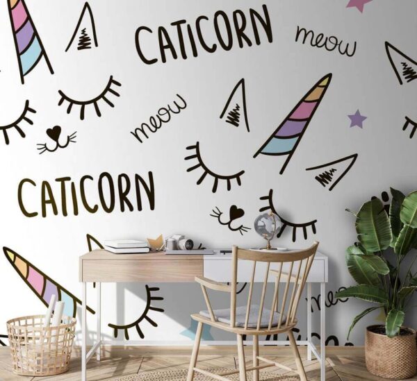 Modello di unicorno con occhi e orecchie Carta da parati Modello di unicorno con occhi e orecchie