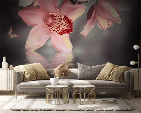 Orchidee rosa e farfalle su un ramo Carta da parati Orchidee rosa e farfalle su un ramo