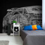 Carta da parati Disegno digitale wireframe di auto futuristica.