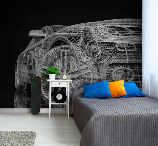 Disegno digitale wireframe di auto futuristica Carta da parati Disegno digitale wireframe di auto futuristica