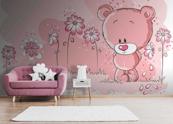 Orso in un campo di fiori rosa Carta da parati Orso in un campo di fiori rosa