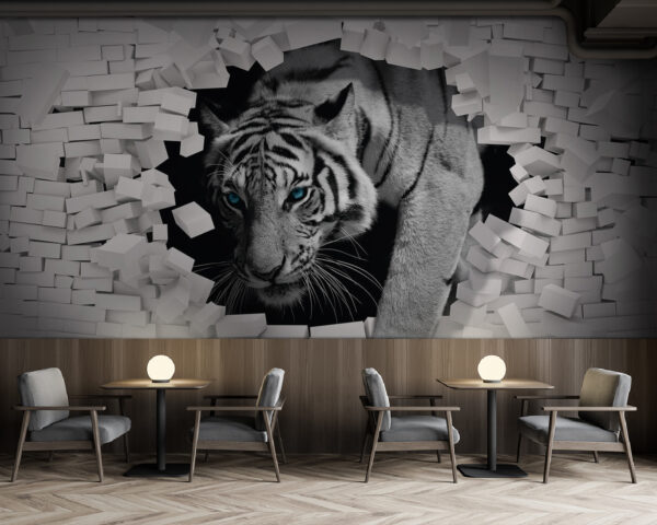 Tigre che sfonda il muro di mattoni bianchi Carta da parati Tigre che sfonda il muro di mattoni bianchi