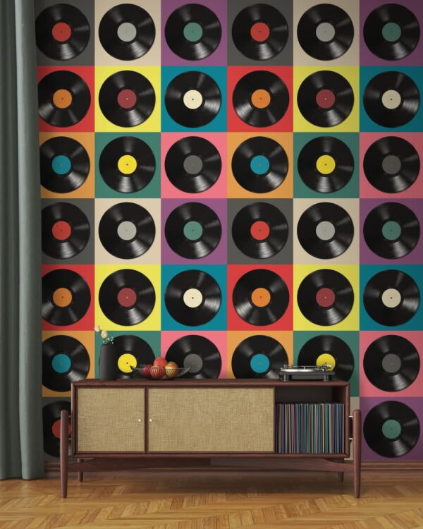 Esposizione della disposizione dei dischi in vinile colorati Carta da parati Esposizione della disposizione dei dischi in vinile colorati