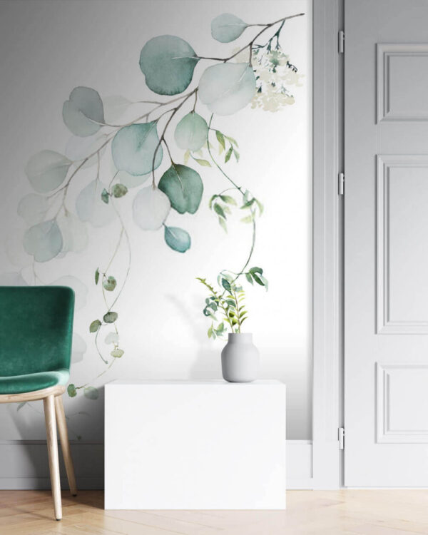 Delicato acquerello verde su bianco Carta da parati Delicato acquerello verde su bianco