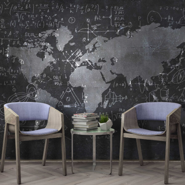 Lavagna con mappa ed equazioni matematiche Carta da parati Lavagna con mappa ed equazioni matematiche