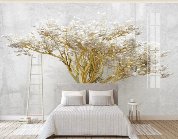 Albero con fiori bianchi Carta da parati Albero con fiori bianchi