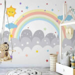 Carta da parati Arcobaleno e nuvole con sole e stelle