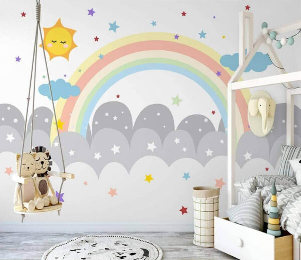 Arcobaleno e nuvole con sole e stelle Carta da parati Arcobaleno e nuvole con sole e stelle