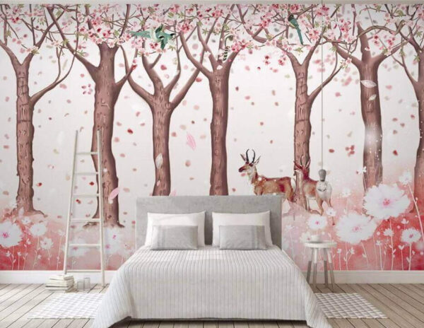 Gruppo di alberi con fiori e uccelli Carta da parati Gruppo di alberi con fiori e uccelli